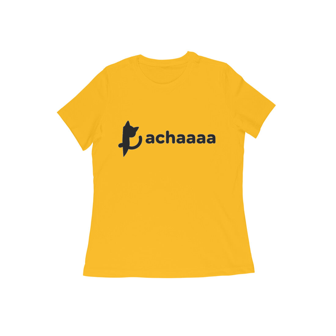Golden Yellow Minimalist Cat Logo 'Achaaaa' White Line Art Women's T-Shirt Tshirt