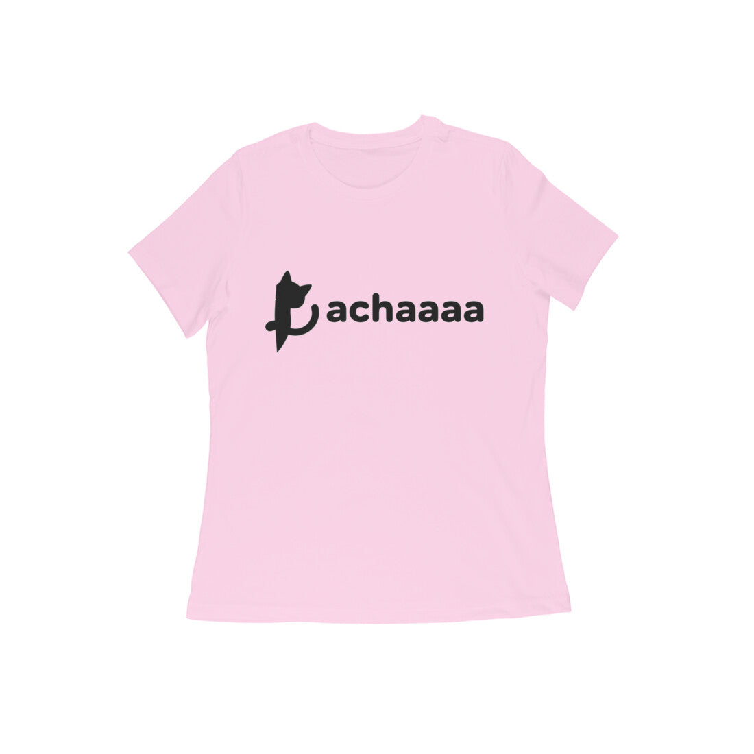 Light Pink Minimalist Cat Logo 'Achaaaa' White Line Art Women's T-Shirt Tshirt