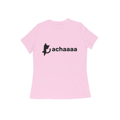 Light Pink Minimalist Cat Logo 'Achaaaa' White Line Art Women's T-Shirt Tshirt