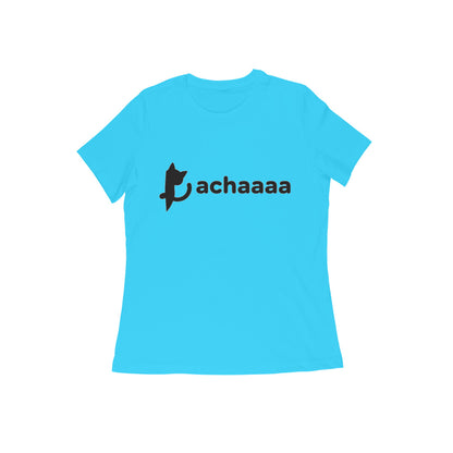 Sky Blue Minimalist Cat Logo 'Achaaaa' White Line Art Women's T-Shirt Tshirt