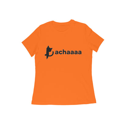Orange Minimalist Cat Logo 'Achaaaa' White Line Art Women's T-Shirt Tshirt
