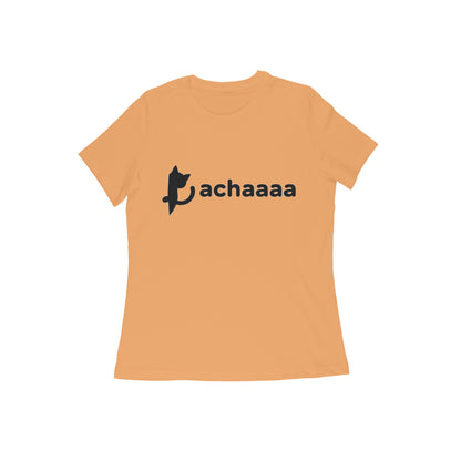 Mustard Yellow Minimalist Cat Logo 'Achaaaa' White Line Art Women's T-Shirt Tshirt
