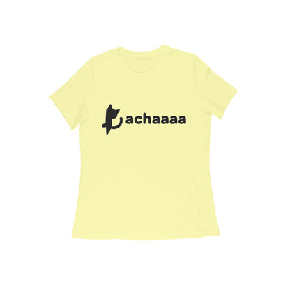Butter Yellow Minimalist Cat Logo 'Achaaaa' White Line Art Women's T-Shirt Tshirt