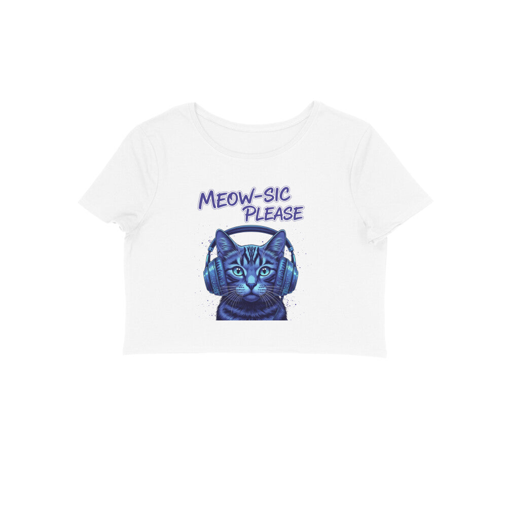 White Meow-sic Please DJ Cat Crop Top | Neon Cyberpunk Cat Graphic Tee for Women Crop Top