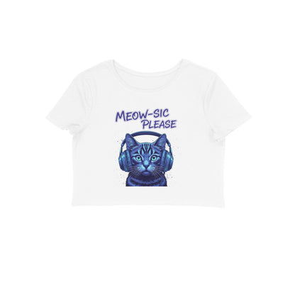 White Meow-sic Please DJ Cat Crop Top | Neon Cyberpunk Cat Graphic Tee for Women Crop Top