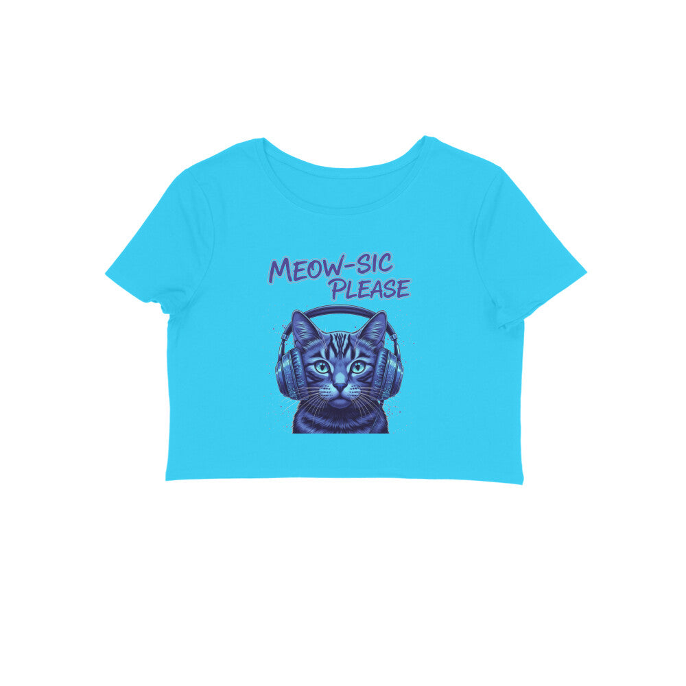Sky Blue Meow-sic Please DJ Cat Crop Top | Neon Cyberpunk Cat Graphic Tee for Women Crop Top