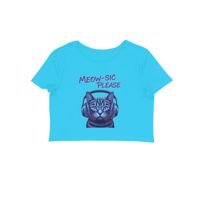 Sky Blue Meow-sic Please DJ Cat Crop Top | Neon Cyberpunk Cat Graphic Tee for Women Crop Top