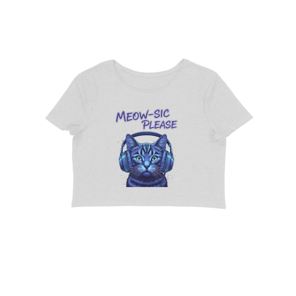 Melange Grey Meow-sic Please DJ Cat Crop Top | Neon Cyberpunk Cat Graphic Tee for Women Crop Top