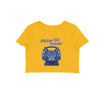 Golden Yellow Meow-sic Please DJ Cat Crop Top | Neon Cyberpunk Cat Graphic Tee for Women Crop Top