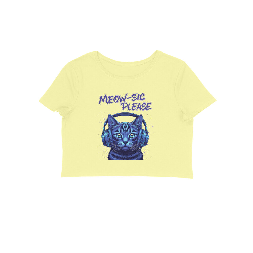 Butter Yellow Meow-sic Please DJ Cat Crop Top | Neon Cyberpunk Cat Graphic Tee for Women Crop Top