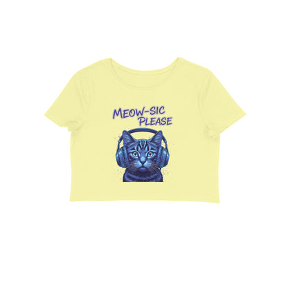 Butter Yellow Meow-sic Please DJ Cat Crop Top | Neon Cyberpunk Cat Graphic Tee for Women Crop Top