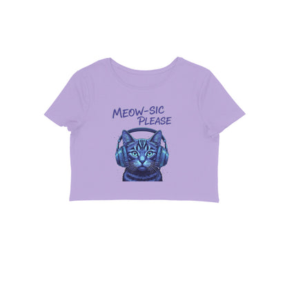 Iris Lavender Meow-sic Please DJ Cat Crop Top | Neon Cyberpunk Cat Graphic Tee for Women Crop Top