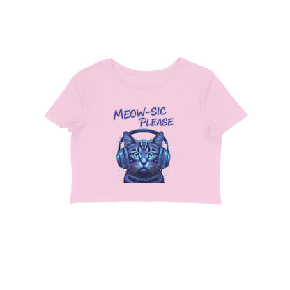 Light Pink Meow-sic Please DJ Cat Crop Top | Neon Cyberpunk Cat Graphic Tee for Women Crop Top