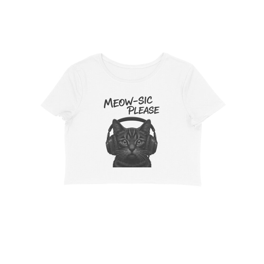 White Grayscale DJ Cat Headphone Women's Crop Top - Meowsic Please Shirt Crop Top