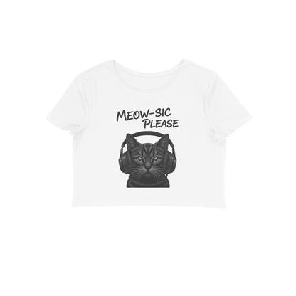 White Grayscale DJ Cat Headphone Women's Crop Top - Meowsic Please Shirt Crop Top