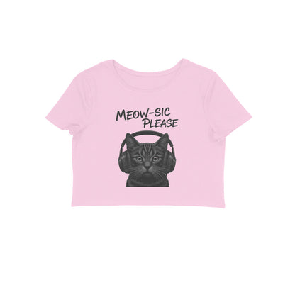 Light Pink Grayscale DJ Cat Headphone Women's Crop Top - Meowsic Please Shirt Crop Top