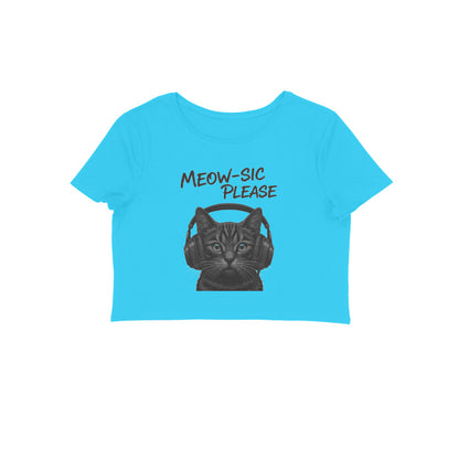 Sky Blue Grayscale DJ Cat Headphone Women's Crop Top - Meowsic Please Shirt Crop Top