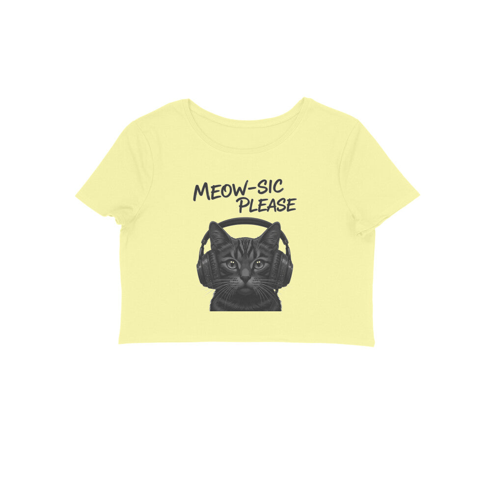 Butter Yellow Grayscale DJ Cat Headphone Women's Crop Top - Meowsic Please Shirt Crop Top