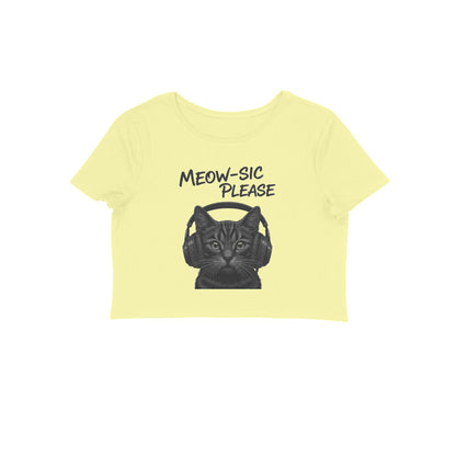 Butter Yellow Grayscale DJ Cat Headphone Women's Crop Top - Meowsic Please Shirt Crop Top