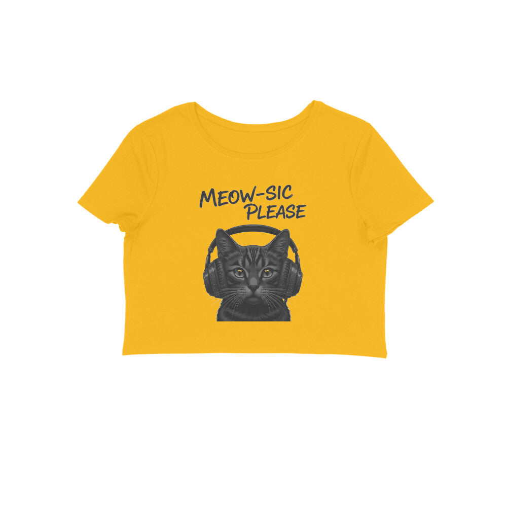 Golden Yellow Grayscale DJ Cat Headphone Women's Crop Top - Meowsic Please Shirt Crop Top