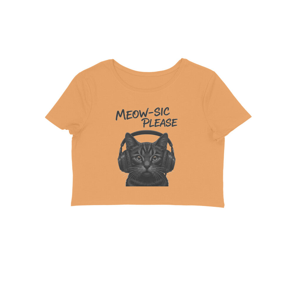 Mustard Yellow Grayscale DJ Cat Headphone Women's Crop Top - Meowsic Please Shirt Crop Top