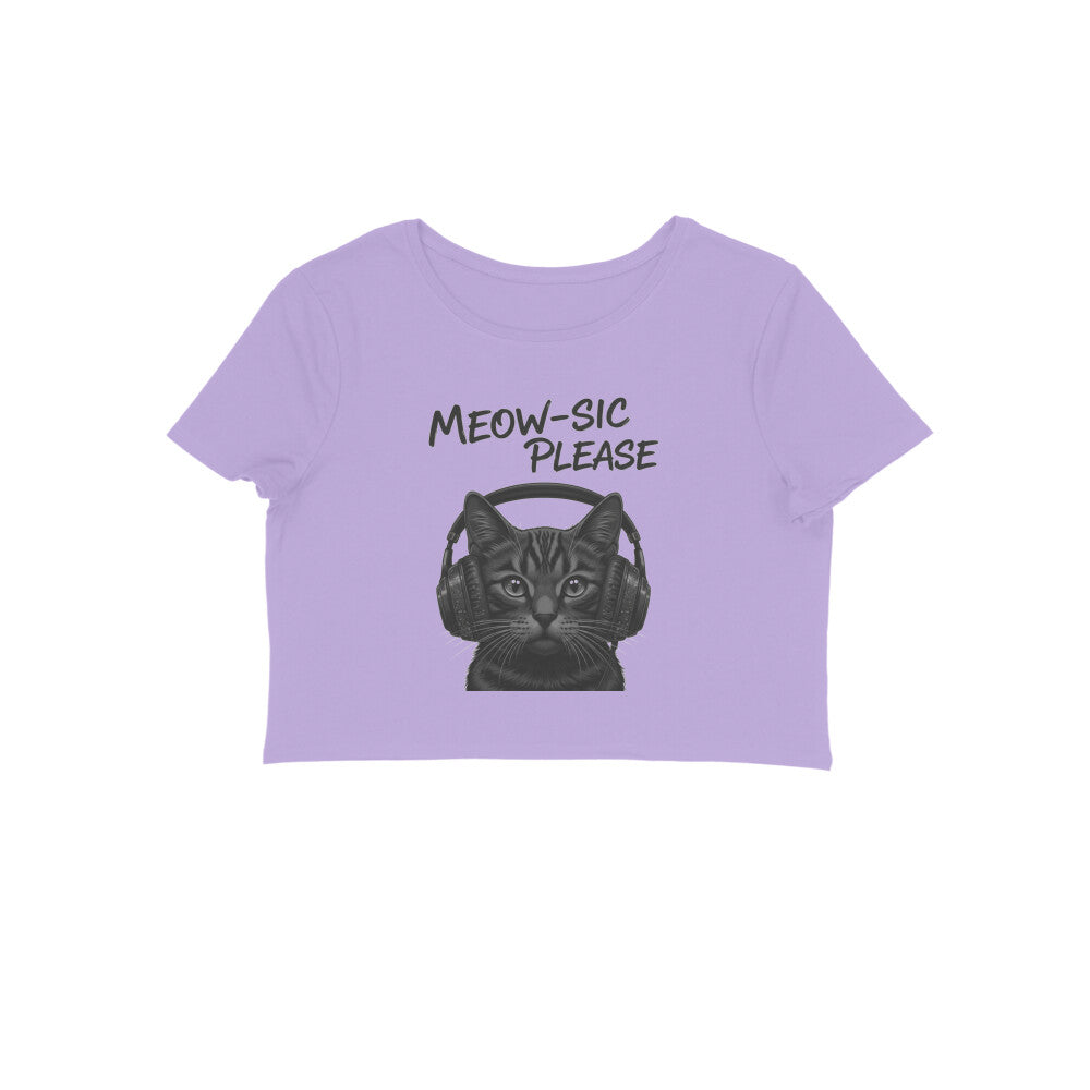 Iris Lavender Grayscale DJ Cat Headphone Women's Crop Top - Meowsic Please Shirt Crop Top