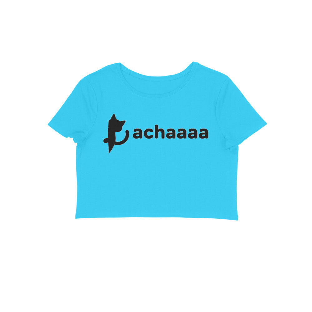 Sky Blue Achaaaa Minimalist Cat Crop Top - Aesthetic White Line Art Women's Shirt