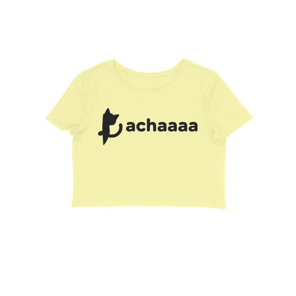 Butter Yellow Achaaaa Minimalist Cat Crop Top - Aesthetic White Line Art Women's Shirt