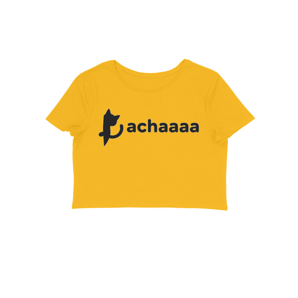 Golden Yellow Achaaaa Minimalist Cat Crop Top - Aesthetic White Line Art Women's Shirt