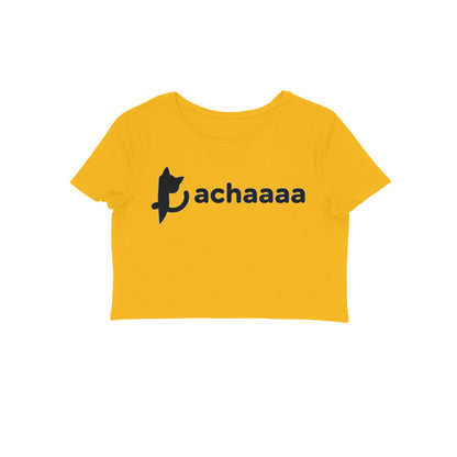 Golden Yellow Achaaaa Minimalist Cat Crop Top - Aesthetic White Line Art Women's Shirt