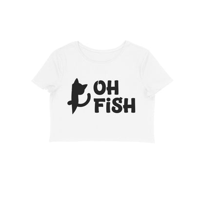 White Minimalist Cat Silhouette 'Oh Fish' Funny Quote Women's Crop Top | Feline Humor Apparel Crop Top