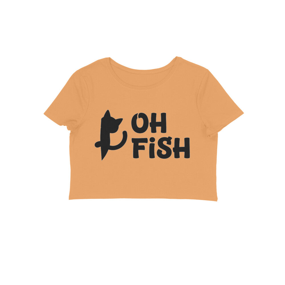 Mustard Yellow Minimalist Cat Silhouette 'Oh Fish' Funny Quote Women's Crop Top | Feline Humor Apparel Crop Top