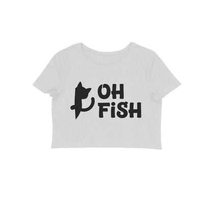 Melange Grey Minimalist Cat Silhouette 'Oh Fish' Funny Quote Women's Crop Top | Feline Humor Apparel Crop Top