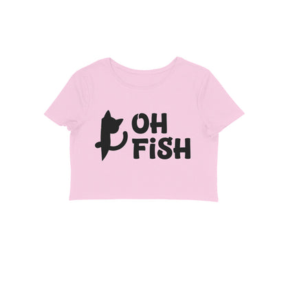 Light Pink Minimalist Cat Silhouette 'Oh Fish' Funny Quote Women's Crop Top | Feline Humor Apparel Crop Top