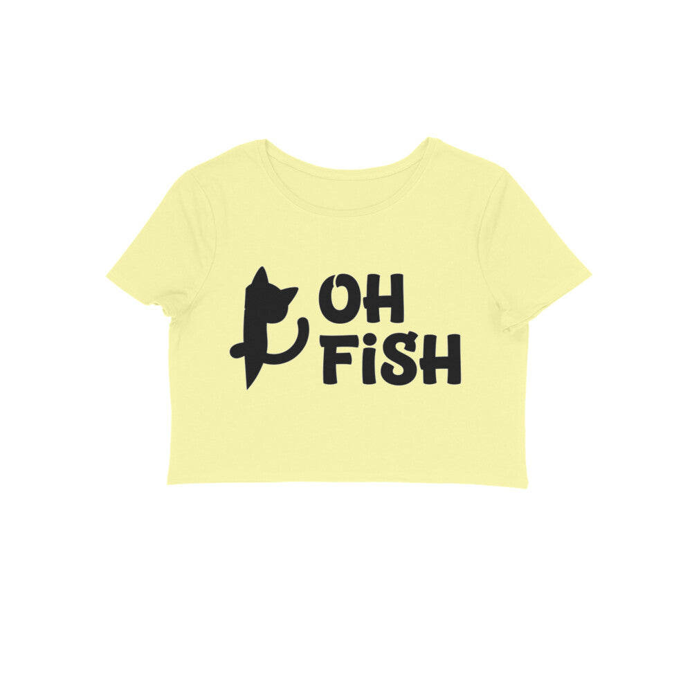 Butter Yellow Minimalist Cat Silhouette 'Oh Fish' Funny Quote Women's Crop Top | Feline Humor Apparel Crop Top