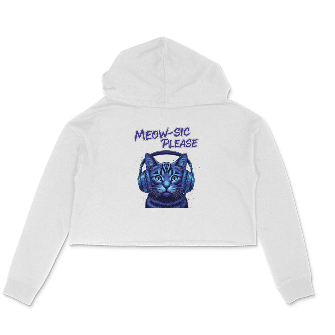 White Neon DJ Cat Crop Hoodie - Meowsic Please Streetwear for Women Hoodies