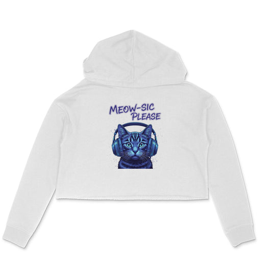 White Neon DJ Cat Crop Hoodie - Meowsic Please Streetwear for Women Hoodies