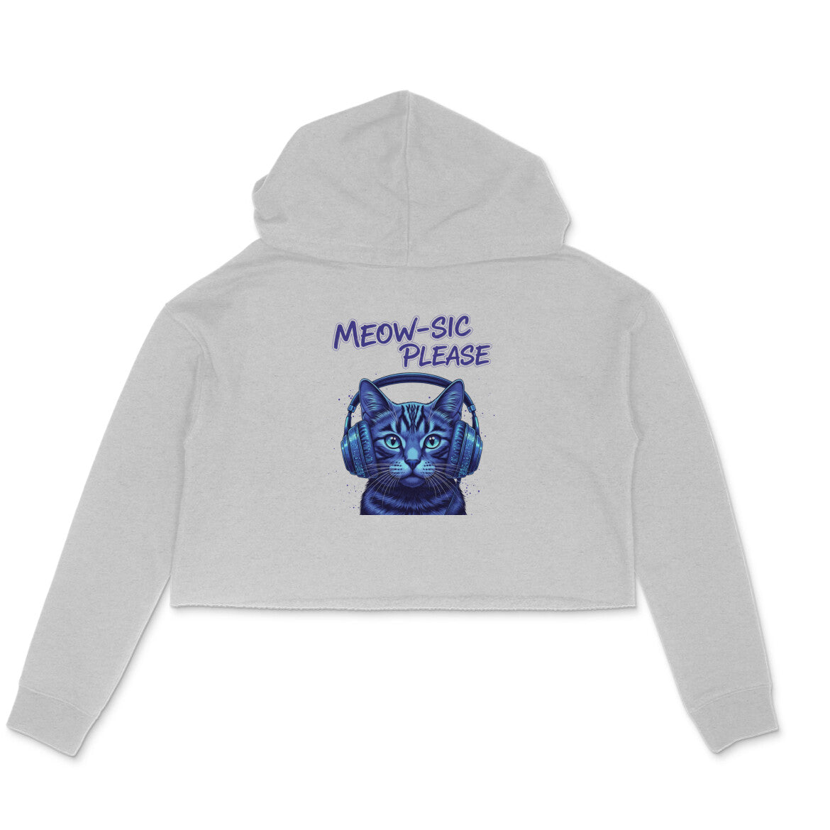 Melange Grey Neon DJ Cat Crop Hoodie - Meowsic Please Streetwear for Women Hoodies