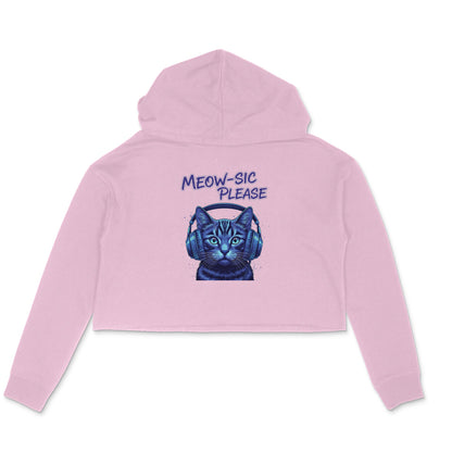 Light Pink Neon DJ Cat Crop Hoodie - Meowsic Please Streetwear for Women Hoodies