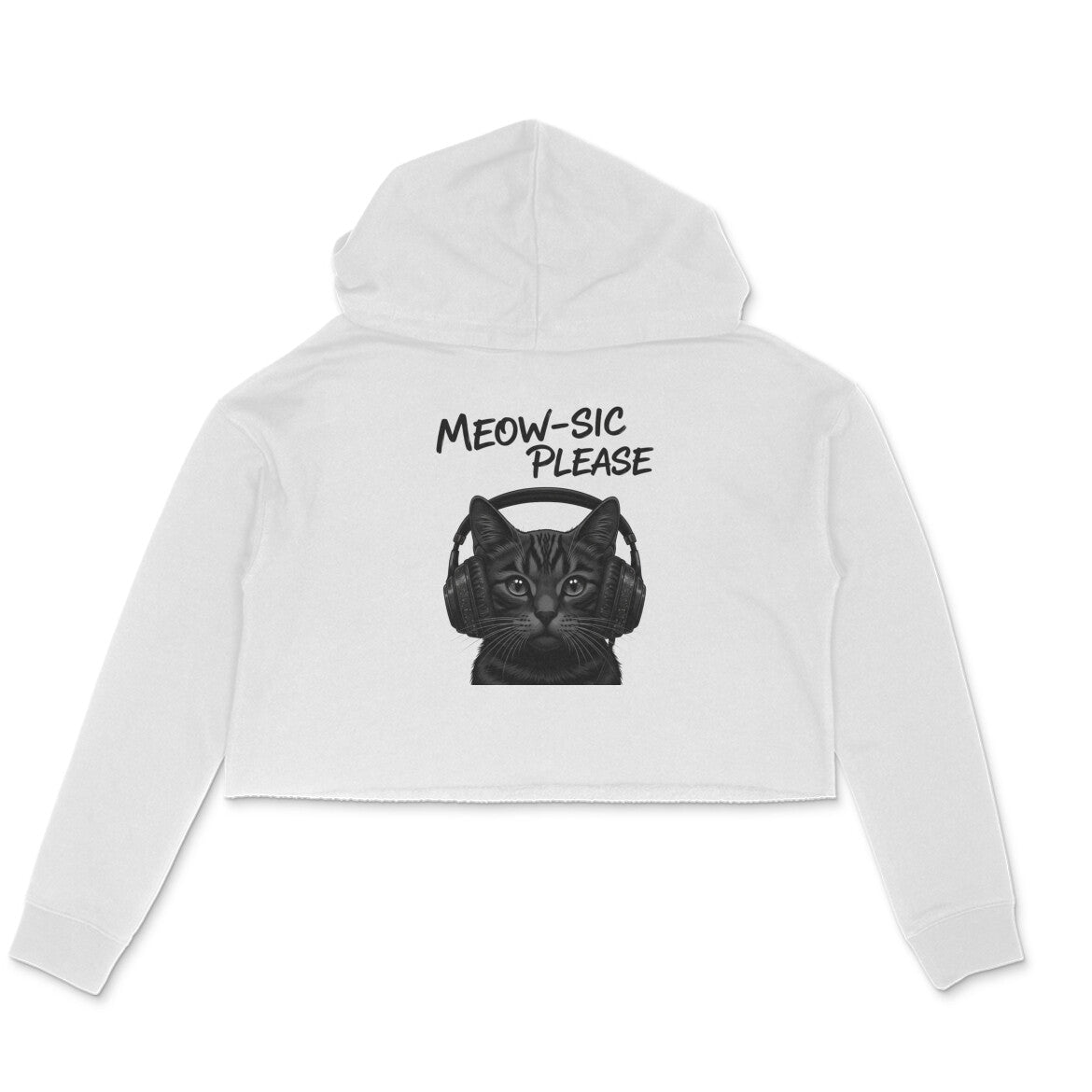 White Aesthetic DJ Cat Headphones Crop Hoodie - Meow-sic Please Streetwear Hoodies