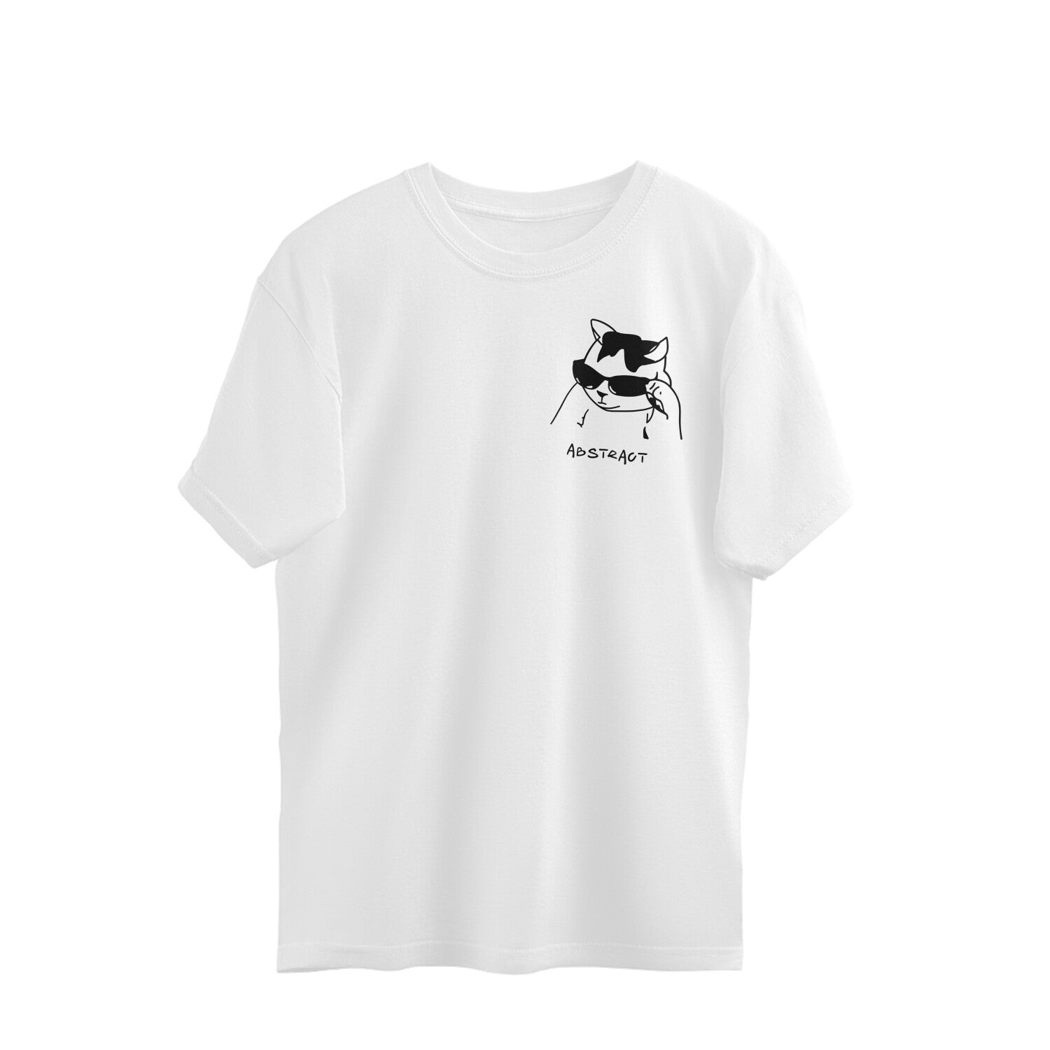 White Cool Abstract Cat with Sunglasses - Minimalist Pocket Design Streetwear Oversized Tshirt