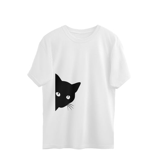 White Peeking Black Cat Silhouette - Minimalist Kitty Graphic Tee Oversized Tshirt
