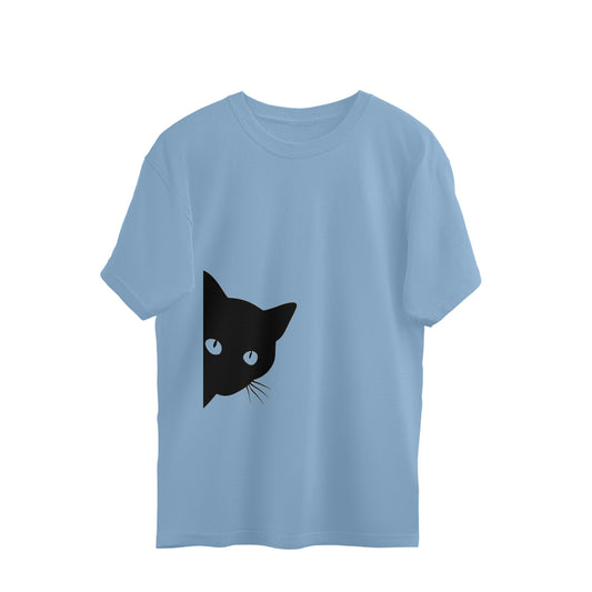 Baby Blue Peeking Black Cat Silhouette - Minimalist Kitty Graphic Tee Oversized Tshirt