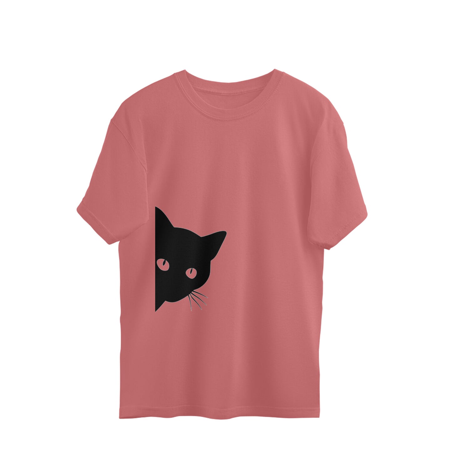 Dusty Rose Peeking Black Cat Silhouette - Minimalist Kitty Graphic Tee Oversized Tshirt