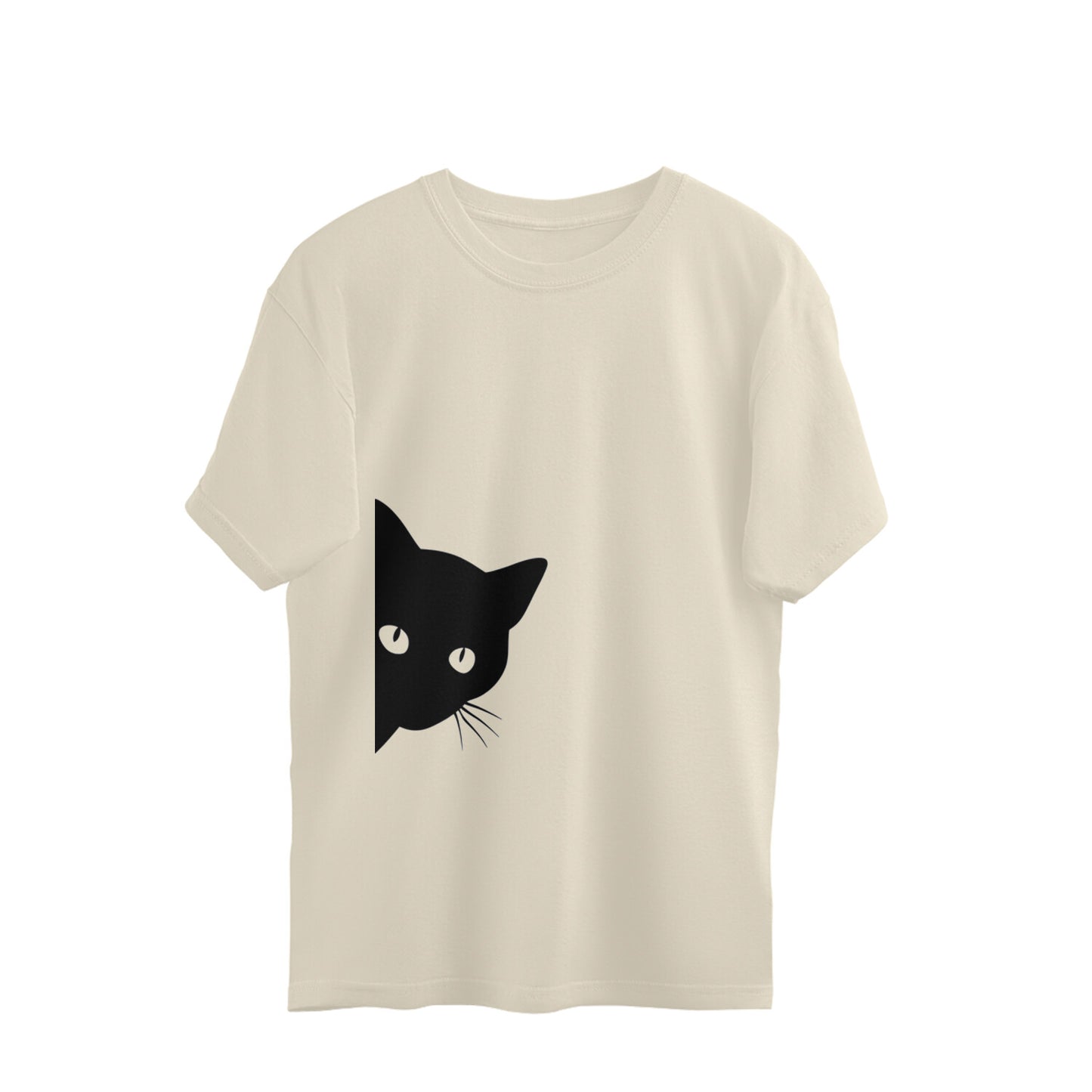 Off White Peeking Black Cat Silhouette - Minimalist Kitty Graphic Tee Oversized Tshirt