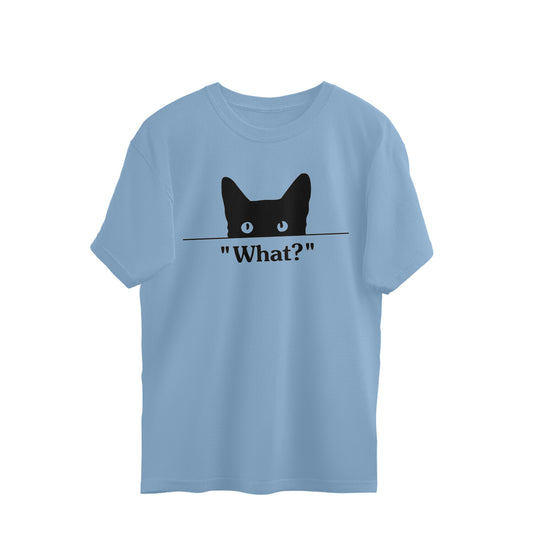 Baby Blue Minimalist Peeking Cat 'What?' Outline - Sassy Pet Humor Oversized TShirt Oversized Tshirt