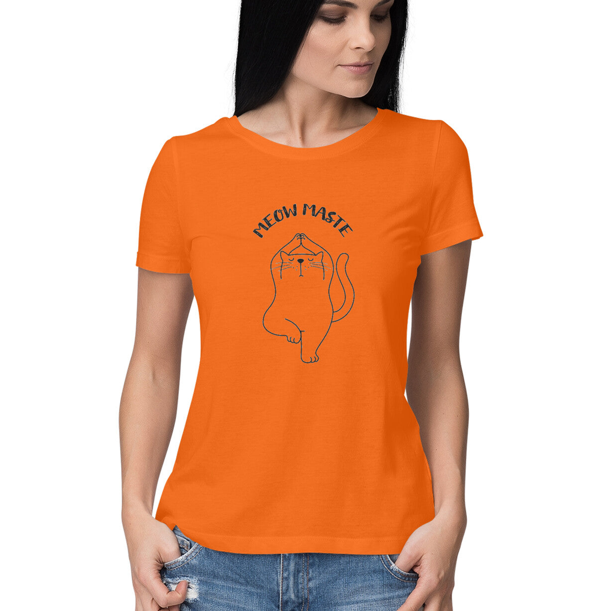 Orange Meow Maste Cat Yoga T-shirt - Minimalist Zen Women's Half Sleeve Tee Tshirt