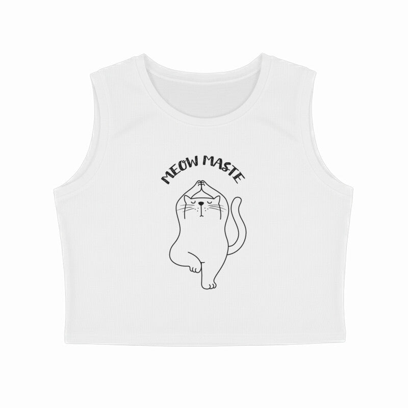 White Meow Maste Cat Yoga Crop Tank Top - Funny Fitness & Wellness Apparel Tank Top