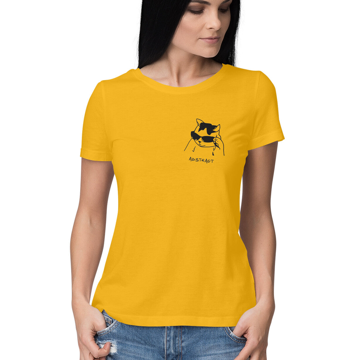 Golden Yellow Sassy Cool Cat Sunglasses Abstract Line Art Women's Half Sleeve TShirt Tshirt
