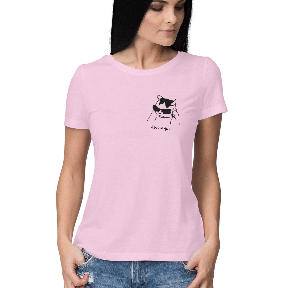 Light Pink Sassy Cool Cat Sunglasses Abstract Line Art Women's Half Sleeve TShirt Tshirt